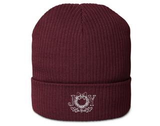 100% organic cotton, ribbed knit beanie in a maroon color with 'JOY' embroidery on a white background