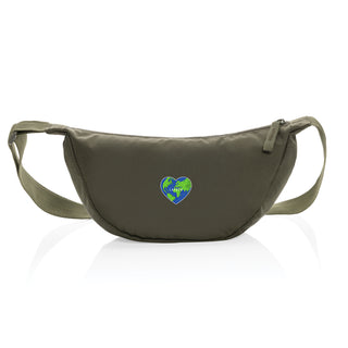 Recycled hip bag  (moon shaped fanny pack) in military green, 'love the planet' artwork by Lavada. 100% recycled polyester