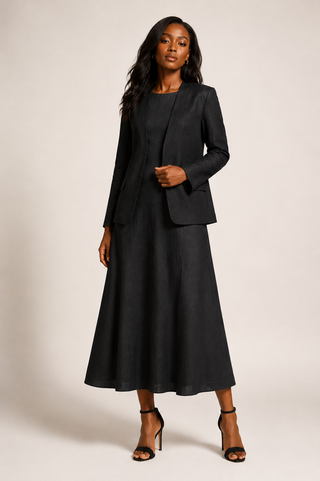 Woman wearing a 100% black linen suit consisting of a blazer and A-line dress on a plain background