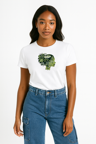 Model_wearing_white_graphic_tshirt_with_graphic_depicting_silhouette_of_woman_made_of_plants