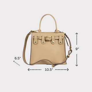 image depicting tan vegan leather handbag dimensions of 10.5 inches by 9 inches by 6.5 inches