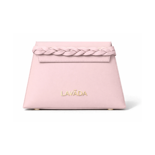 Pink handbag with gold chain strap and visible brand name on a white background