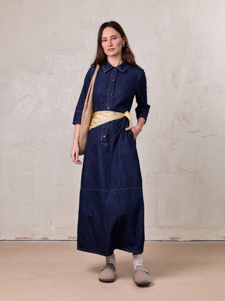 Waisted Lightweight Denim Dress-Dark Blue-0