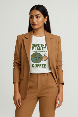 Model wearing funny environmental themed, graphic white tshirt that reads 'Save the Planet, It's the Only One with Coffee'