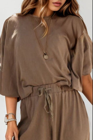 Sustainable, Round Neck Dropped Shoulder Top and Pants Set