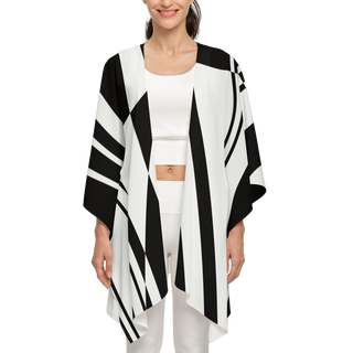 Black and white graphic kimono by Lavada, recycled, long draping in the front 