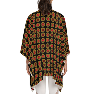 Rear view of African inspired circle kimono, black red gold, recycled material