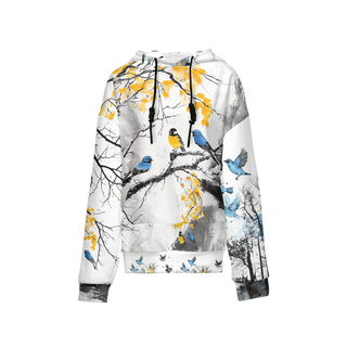 unique, artistic women's recycled hoodie, 'Walk in the Park' by Lavada, yellow, blue birds, nature