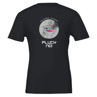 Black graphic funny vegan t-shirt featuring an ostrich saying, "Feathered fashion? Pluck no!"