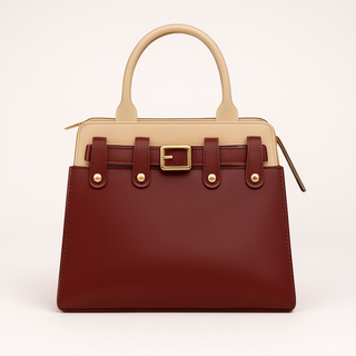 Interchangeable plant based vegan leather handbag in tan and burgundy, interchangeable burgundy cover and belt, with strap included (not pictured). 