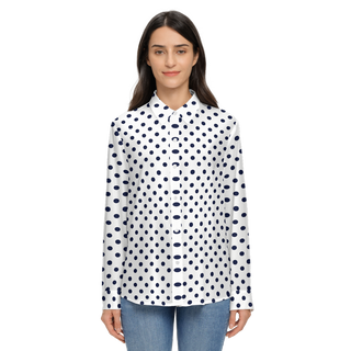 Navy Polka Dots Women's Sustainable Long Sleeve Button-Down Shirt