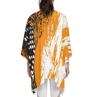 Orange and black abstract design women's kimono by Lavada. Rear view. Made from recycled materials