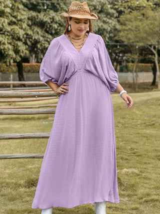 lavender viscose plus sized v neck midi dress