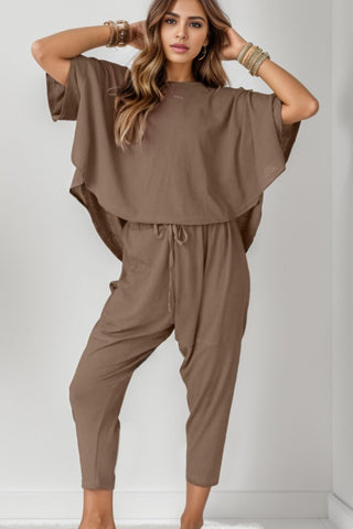 Sustainable, Round Neck Dropped Shoulder Top and Pants Set