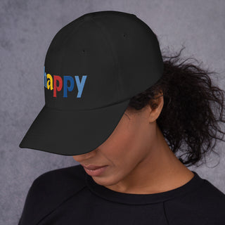 side view, colored embroidery happy baseball cap, dad hat, color black