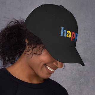 profile view, colored embroidery happy baseball cap, dad hat, color black