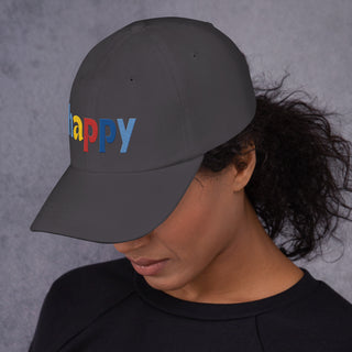 side view, colored embroidery happy baseball cap, dad hat, color dark gray