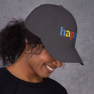 profile view, colored embroidery happy baseball cap, dad hat, color dark gray