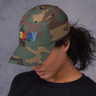 side view, colored embroidery happy baseball cap, dad hat, color camouflage