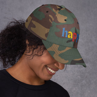 profile view, colored embroidery happy baseball cap, dad hat, color camouflage