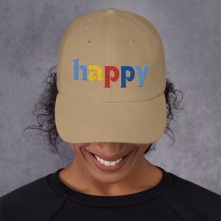 colored embroidery happy baseball cap, dad hat, color khaki