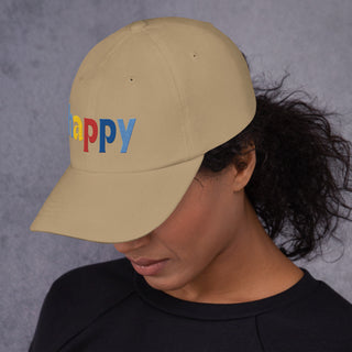 side view, colored embroidery happy baseball cap, dad hat, color khaki