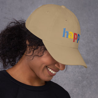 profile view, colored embroidery happy baseball cap, dad hat, color khaki