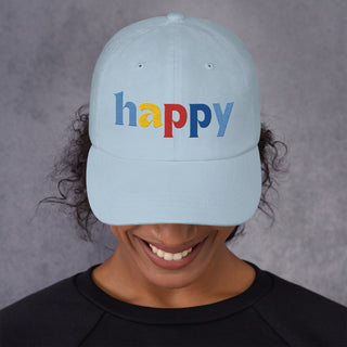 colored embroidery happy baseball cap, dad hat, color light blue