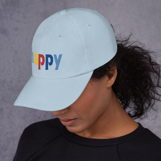 side view, colored embroidery happy baseball cap, dad hat, color light blue