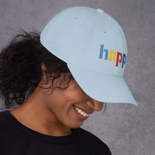 profile view, colored embroidery happy baseball cap, dad hat, color light blue