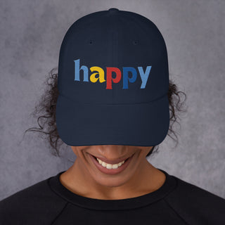 colored embroidery happy baseball cap, dad hat, color navy blue