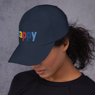 side view, colored embroidery happy baseball cap, dad hat, color navy blue