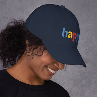 profile view, colored embroidery happy baseball cap, dad hat, color navy blue