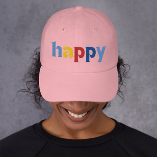 colored embroidery happy baseball cap, dad hat, color pink