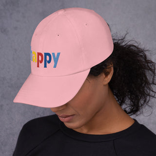 side view, colored embroidery happy baseball cap, dad hat, color pink