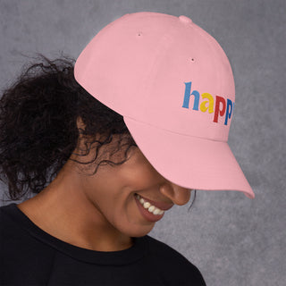 profile view, colored embroidery happy baseball cap, dad hat, color pink