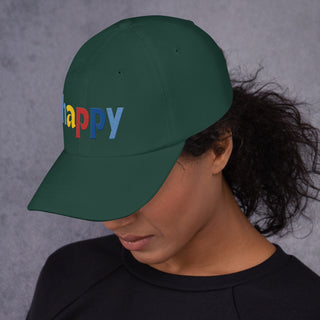 side view, colored embroidery happy baseball cap, dad hat, color sage green