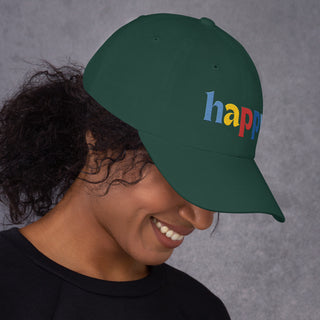 profile view, colored embroidery happy baseball cap, dad hat, color sage green