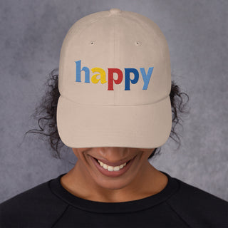 colored embroidery happy baseball cap, dad hat, color stone tan