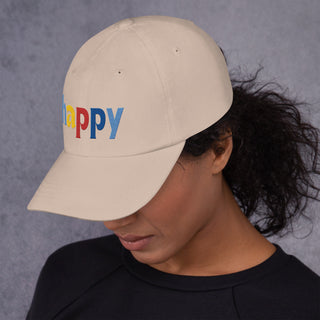 side view, colored embroidery happy baseball cap, dad hat, color stone tan