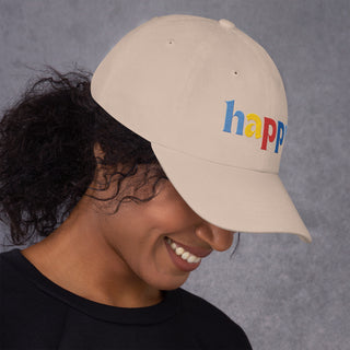 profile view, colored embroidery happy baseball cap, dad hat, color stone tan