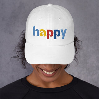 colored embroidery happy baseball cap, dad hat, color white