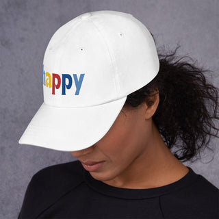 side view, colored embroidery happy baseball cap, dad hat, color white