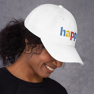 profile view, colored embroidery happy baseball cap, dad hat, color white