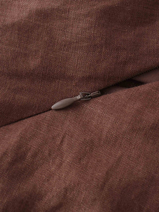 Close-up of a zipper on brown, 100% linen dress.