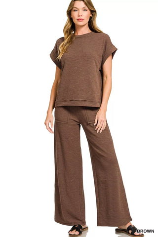Model wearing brown tee  and pants set, cotton poly blend, relaxed, casual, errands, lounge wear