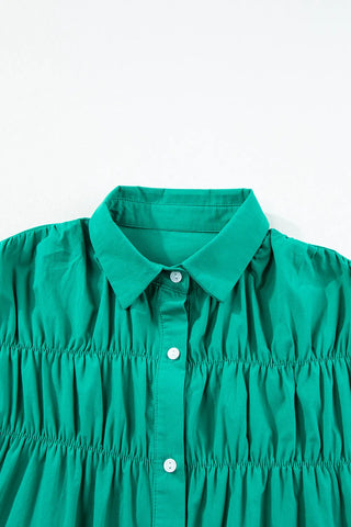 Dark green ruffle shirt dress with collar, 100% cotton, closeup