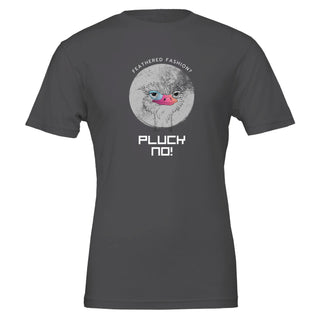 Dark gray graphic funny vegan t-shirt featuring an ostrich saying, "Feathered fashion? Pluck no!"