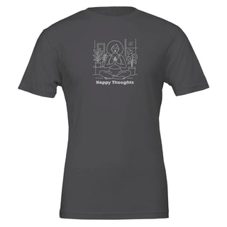 Dark gray tshirt with line art depicting woman in seated yoga pose and the words Happy Thoughts underneath, 100% cotton, eco friendly tshirt