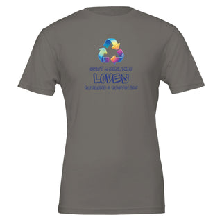 Dark gray eco friendly t-shirt with an iridescent recycling symbol. The slogan is 'Just a girl who loves rainbows and recycling' 100% cotton